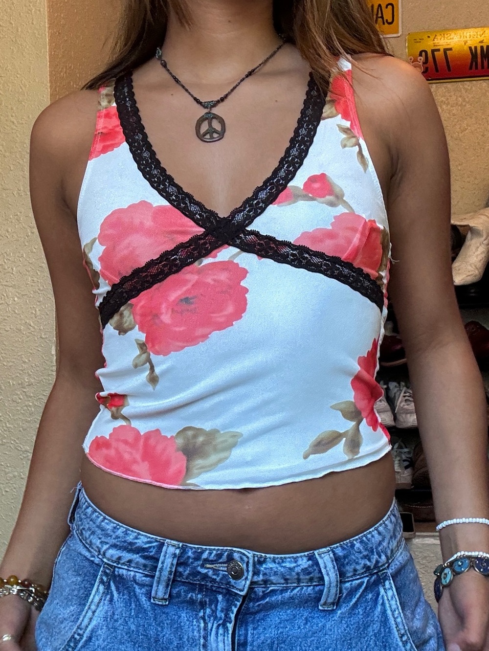 Pacsun white & pink floral lace going out tank top